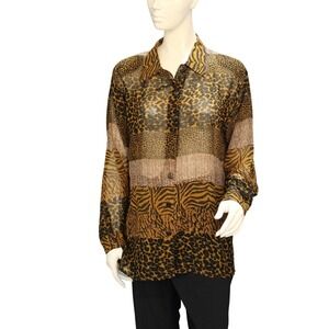 fleur by Elegant Additions Sheer Animal Print‎ Button Front Blouse Large Y2K